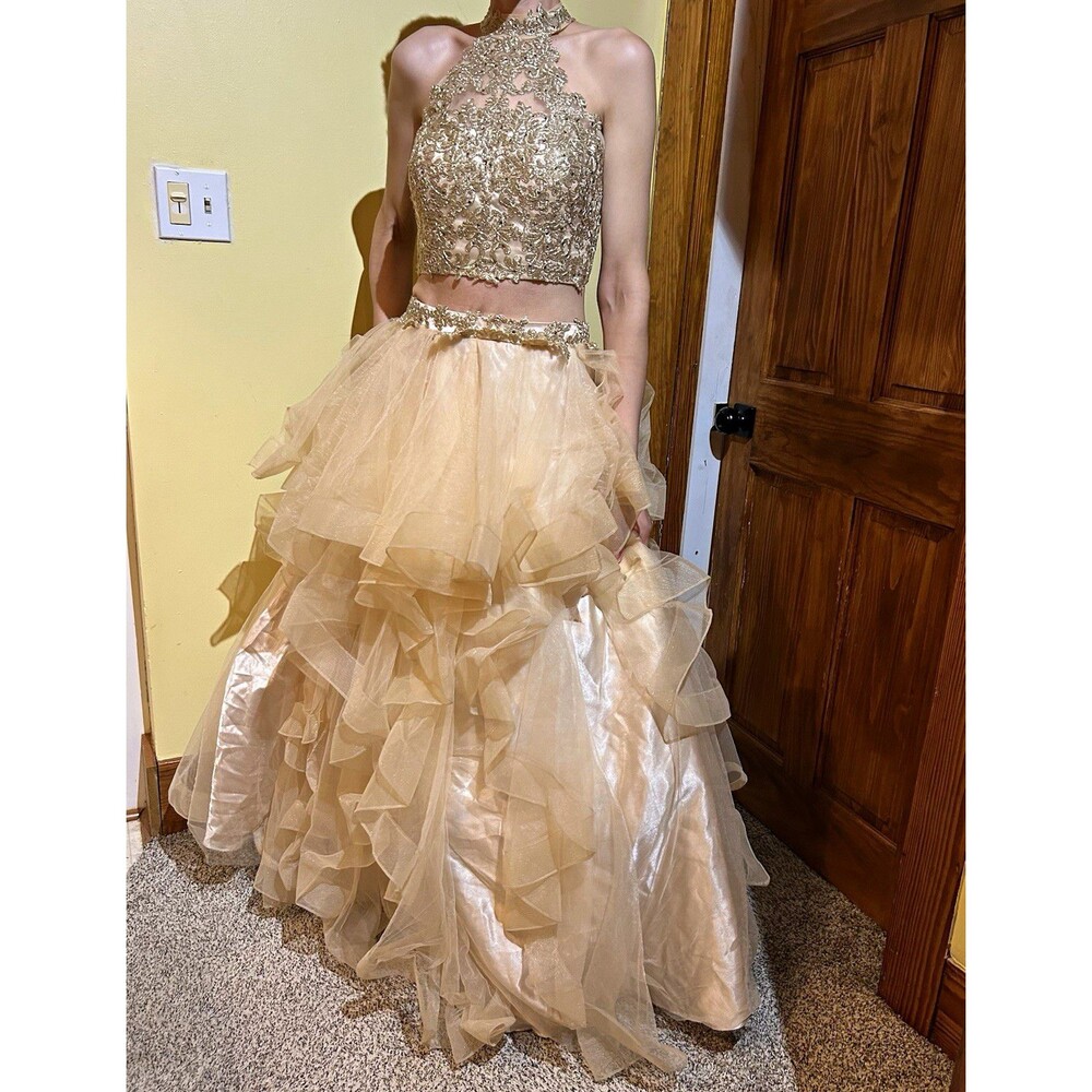 Nox Anabel Gold Lace Halter Tulle Ruffle Dress Gown 2pc Prom Fairycore Medium